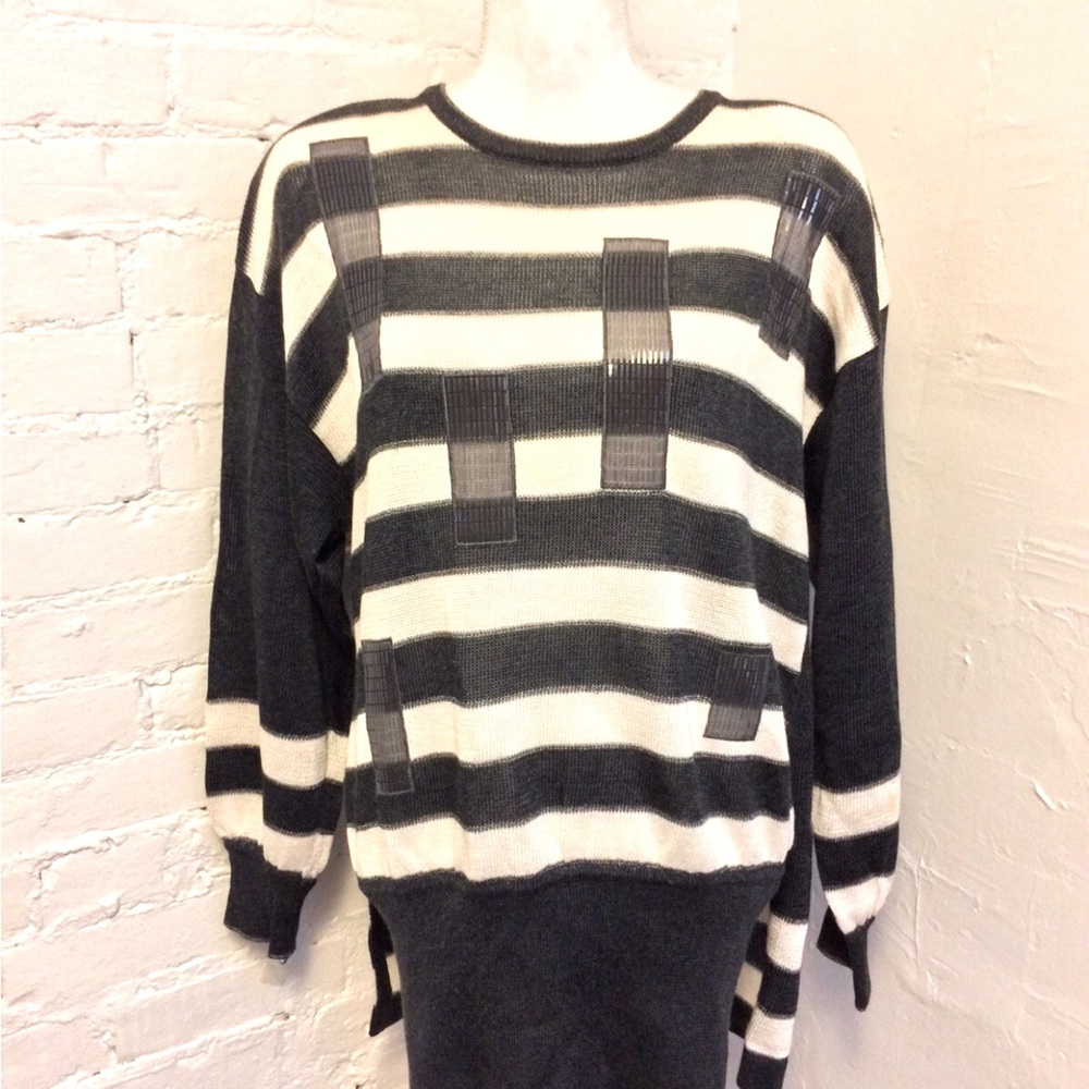 Escada 90s sequin tunic sweater black & white metallic stripe 36